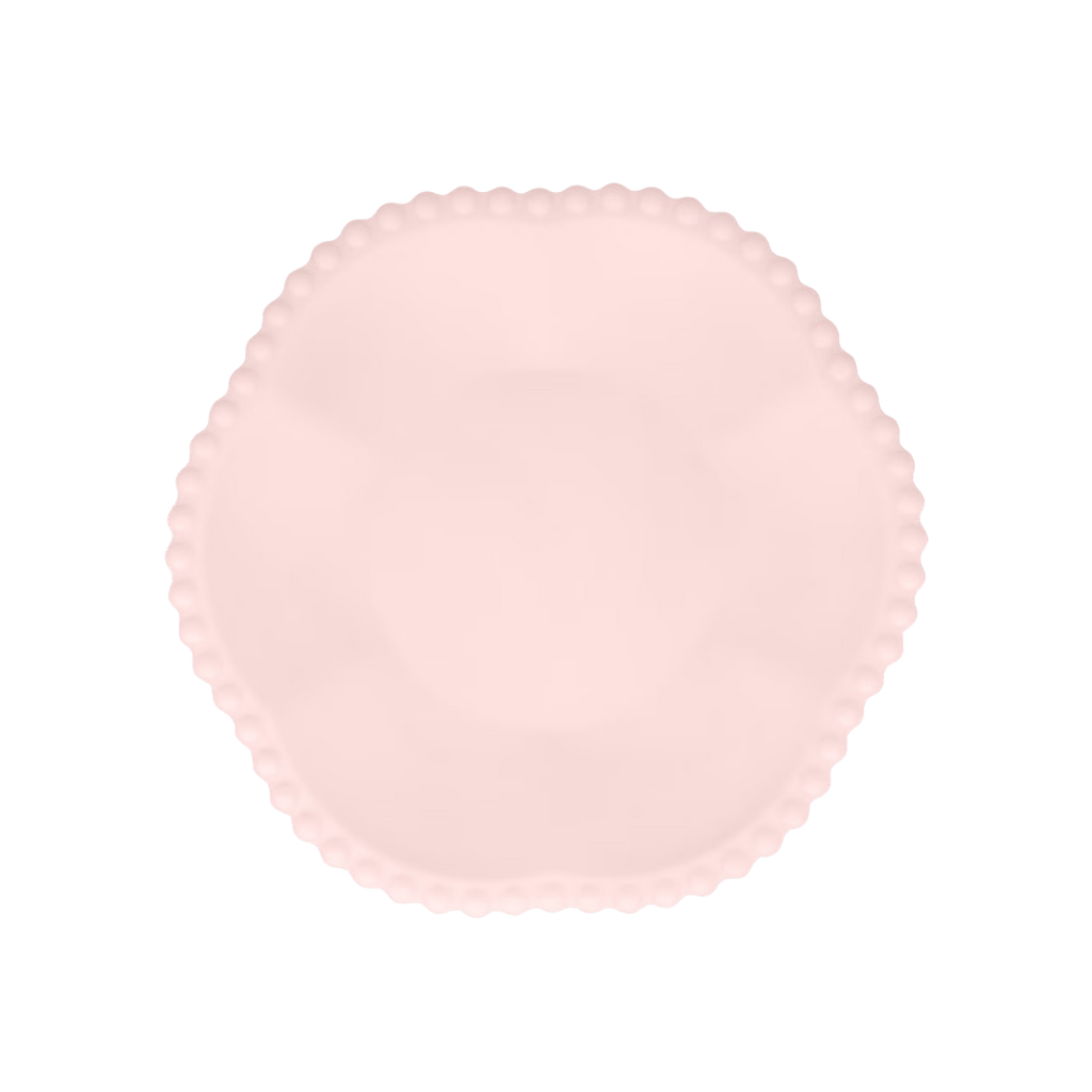 Blush pink scalloped plate with beaded edge for birthday theme from Parte Haus party supply store in Bethesda MD