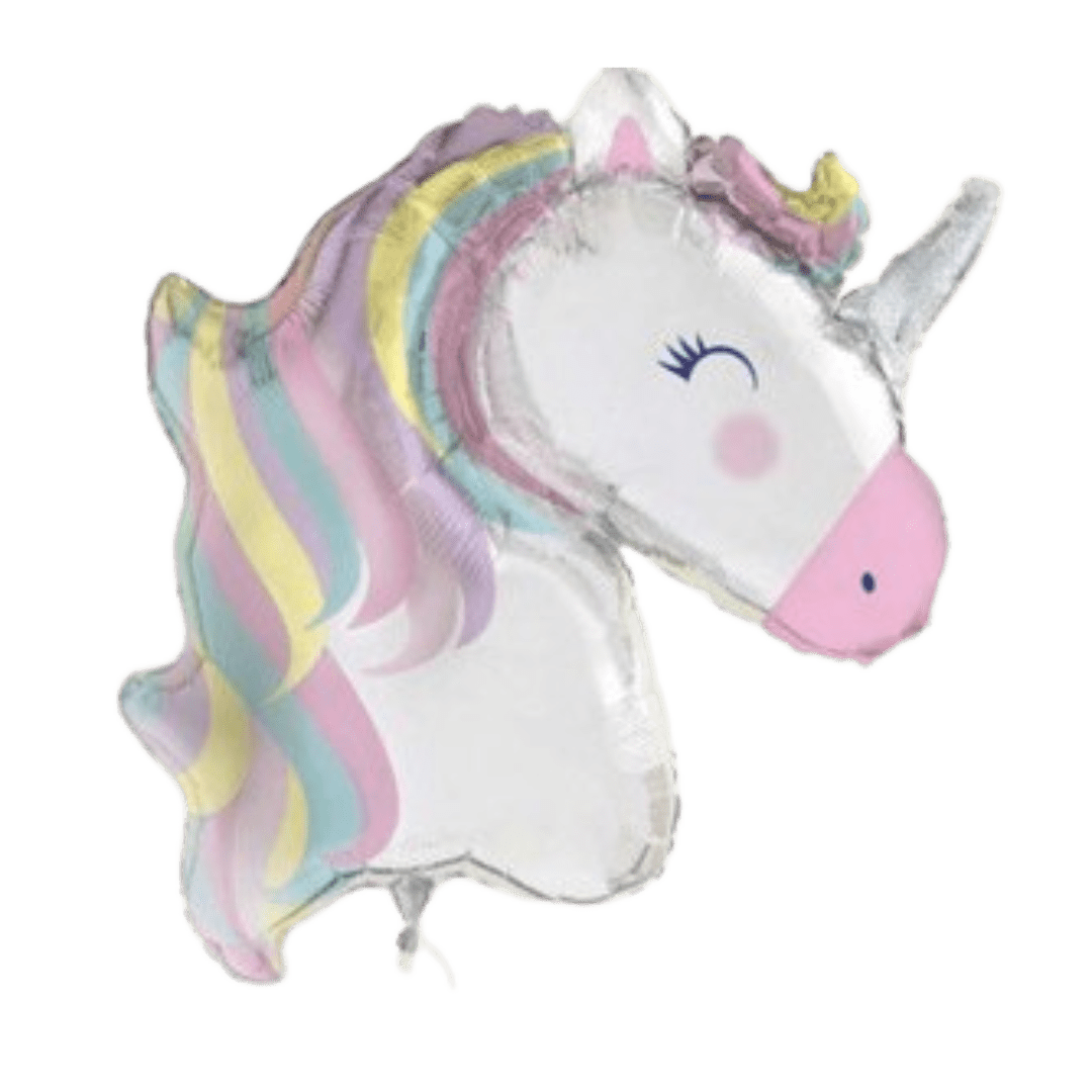 Pastel unicorn foil balloon shaped like a unicorn birthday theme from Parte Haus party supply store in Bethesda Maryland.