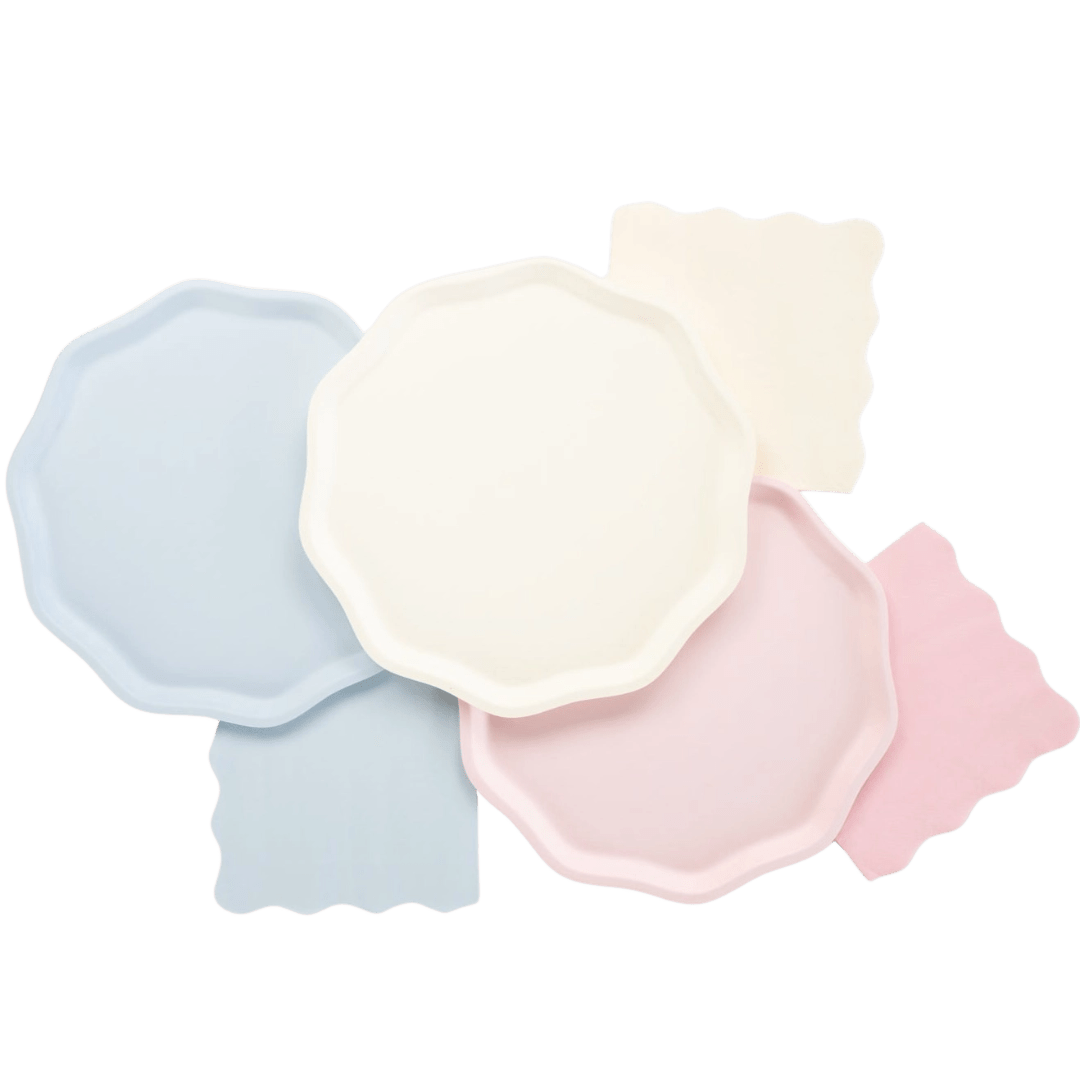 Pastel blue pink ivory plates with scalloped edges for birthday from Parte Haus party supply store in Bethesda MD