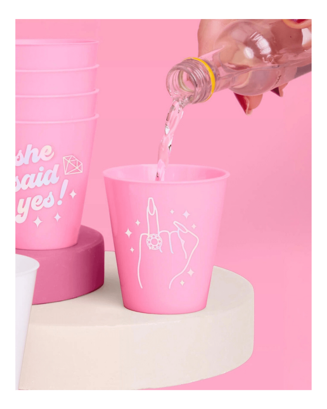 Pink bachelorette cups with engagement ring designs from Parte Haus party supply store in Bethesda MD