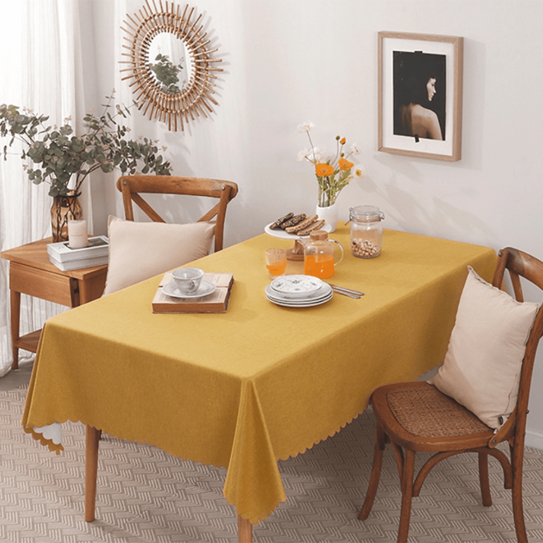 Yellow tablecloth rectangular table cozy home dining from Parte Haus party supply store in Bethesda MD
