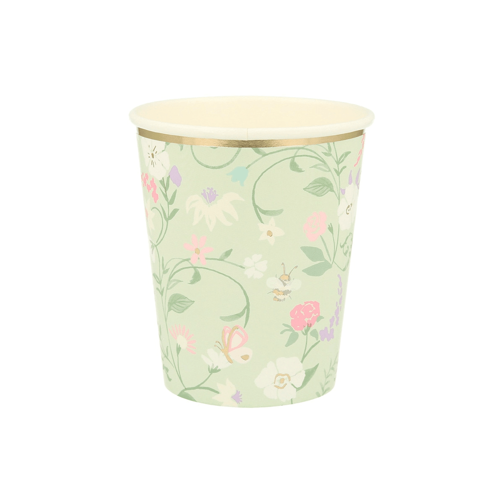 Pastel floral paper cup with gold rim spring garden design from Parte Haus party supply store in Bethesda MD
