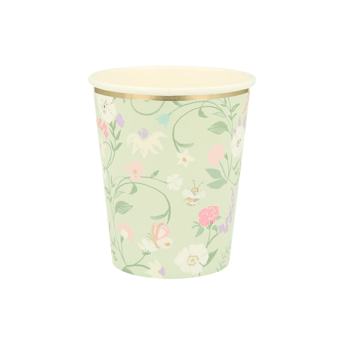 Pastel floral paper cup with gold rim spring garden design from Parte Haus party supply store in Bethesda MD