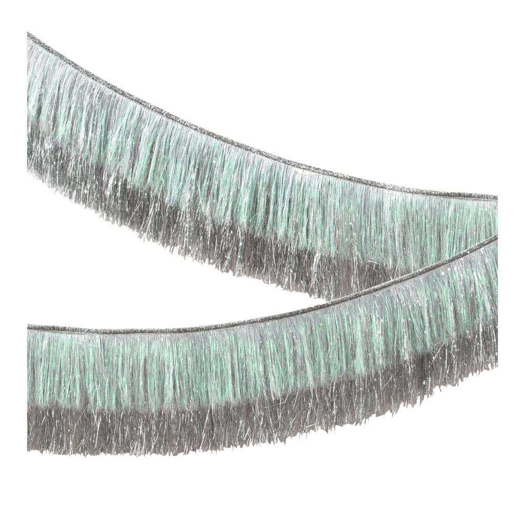 Silver tinsel garland shiny metallic fringe for holiday from Parte Haus party supply store in Bethesda Maryland