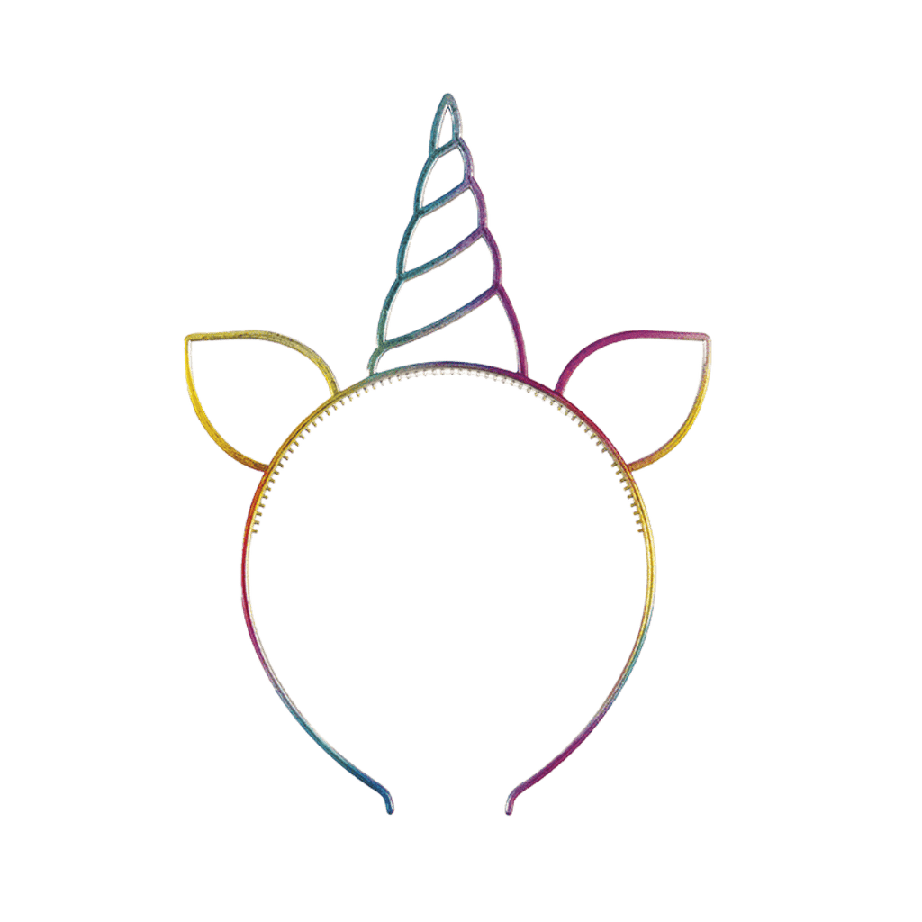 Rainbow unicorn headband shiny metal with ears and horn for birthday theme from Parte Haus party supply store in Bethesda MD.