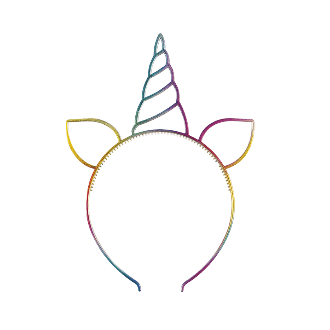 Rainbow unicorn headband shiny metal with ears and horn for birthday theme from Parte Haus party supply store in Bethesda MD.
