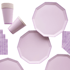 Lilac plates cups and napkins pastel style birthday theme from Parte Haus party supply store in Bethesda MD