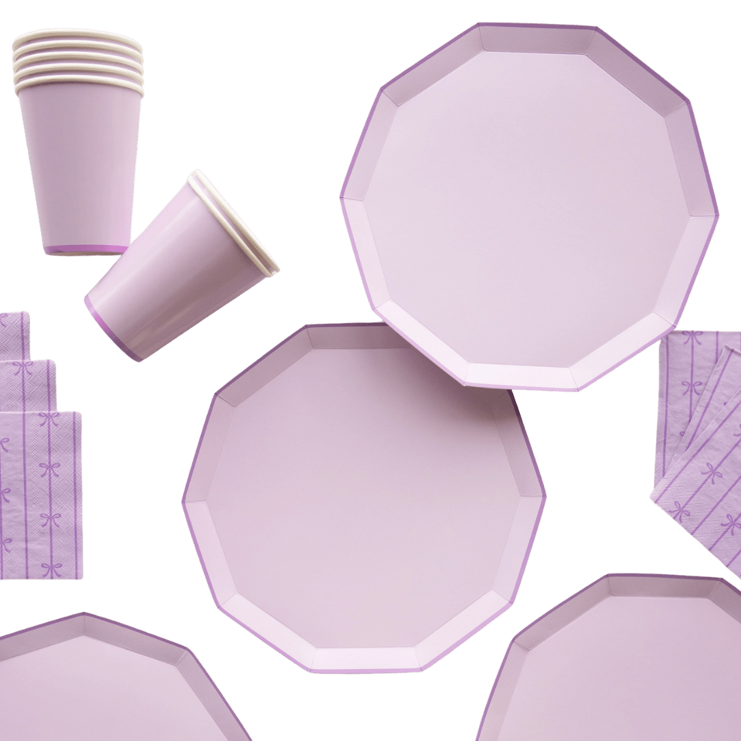 Lilac plates cups and napkins pastel style birthday theme from Parte Haus party supply store in Bethesda MD