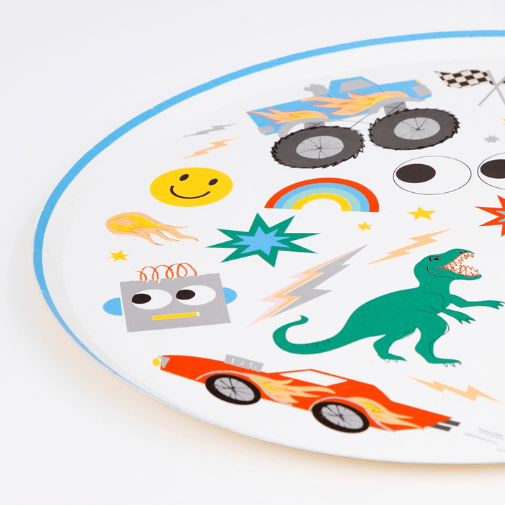 Multicolor kids paper plate with dinosaurs cars rainbows and robots birthday theme from Parte Haus party supply store in Bethesda MD