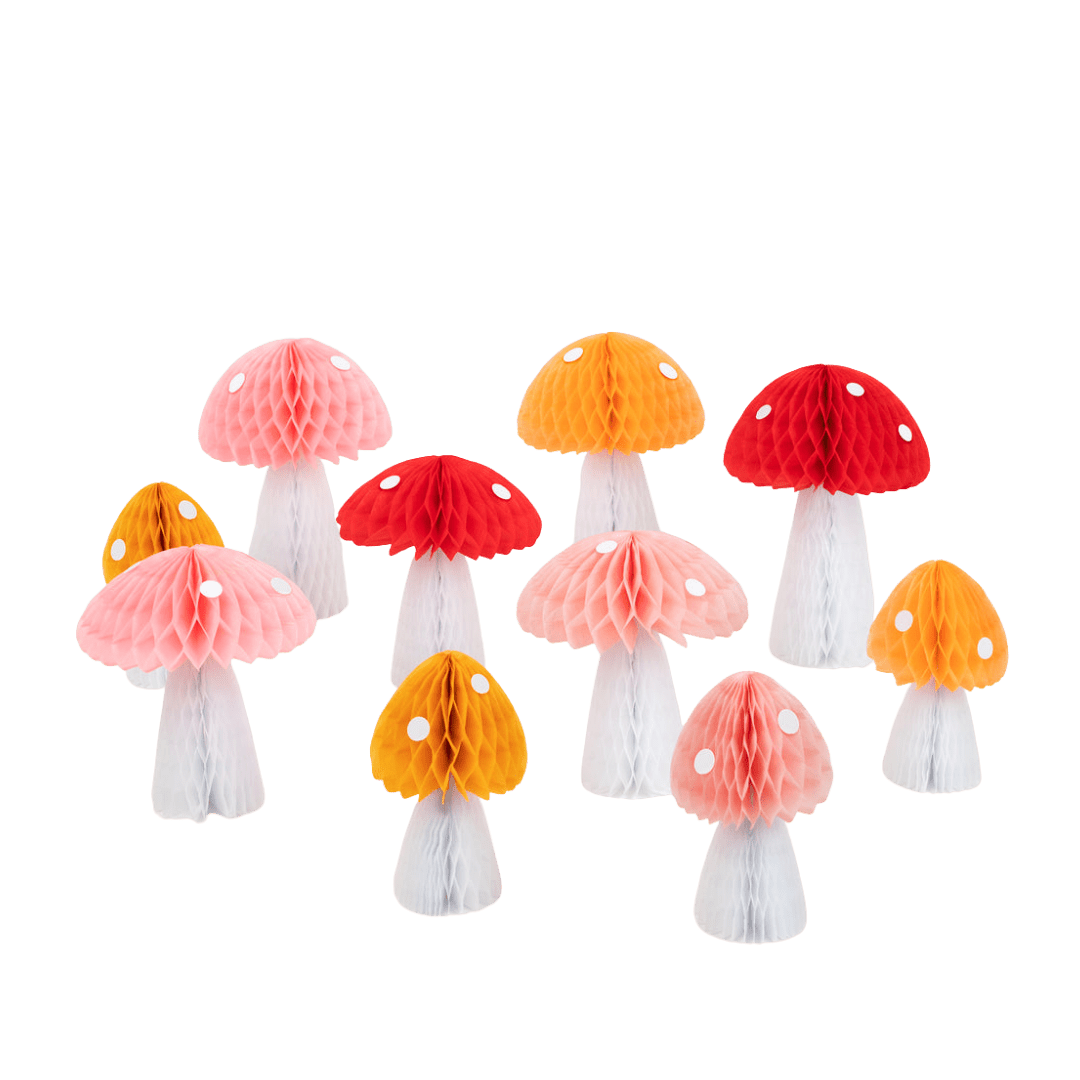 Red pink and yellow mushroom honeycomb table centerpiece woodland party decor from Parte Haus party supply store in Bethesda MD