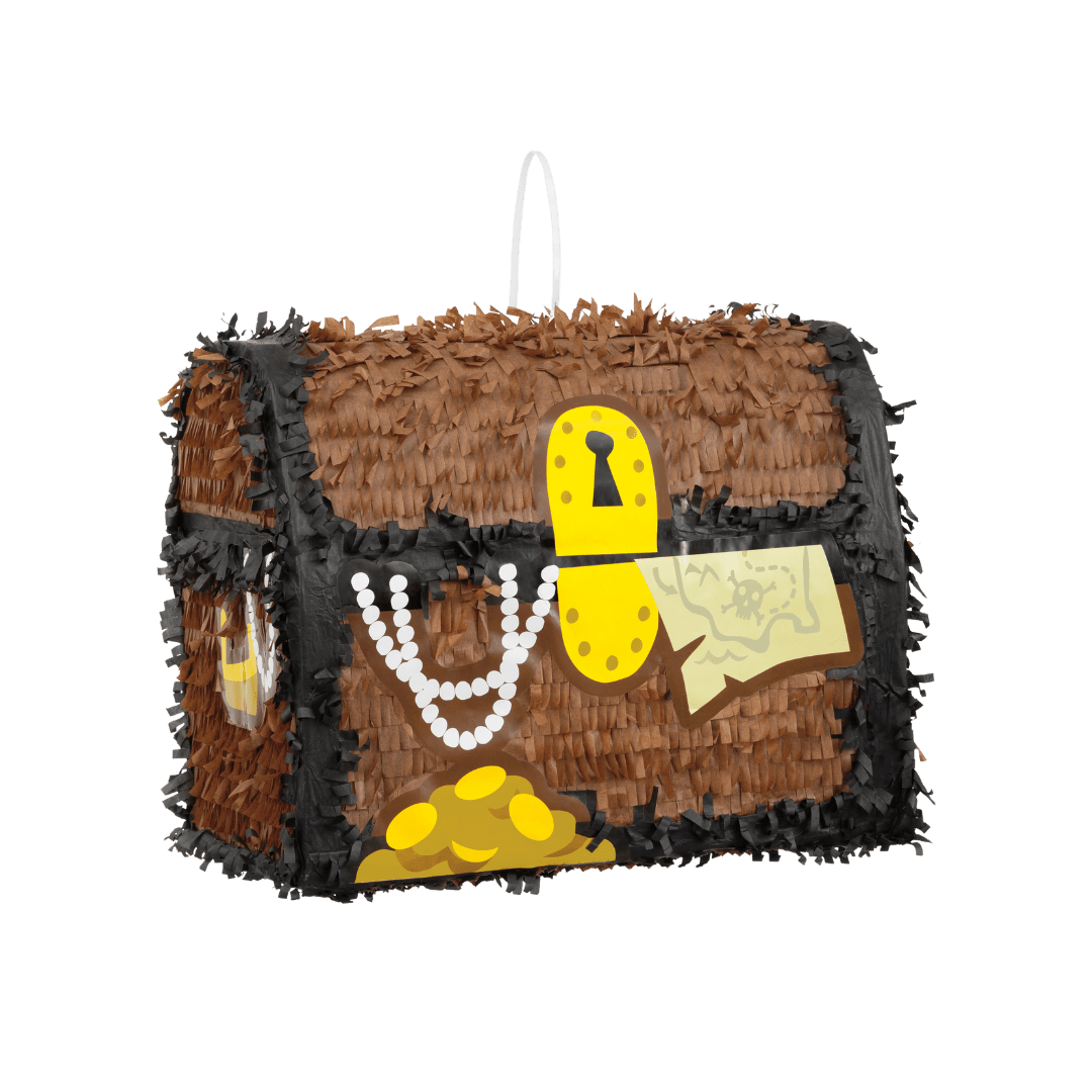 Brown treasure chest pinata with gold coins map and pearls for pirate birthday from Parte Haus party supply store in Bethesda MD.
