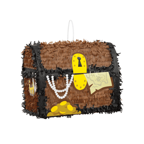 Brown treasure chest pinata with gold coins map and pearls for pirate birthday from Parte Haus party supply store in Bethesda MD.