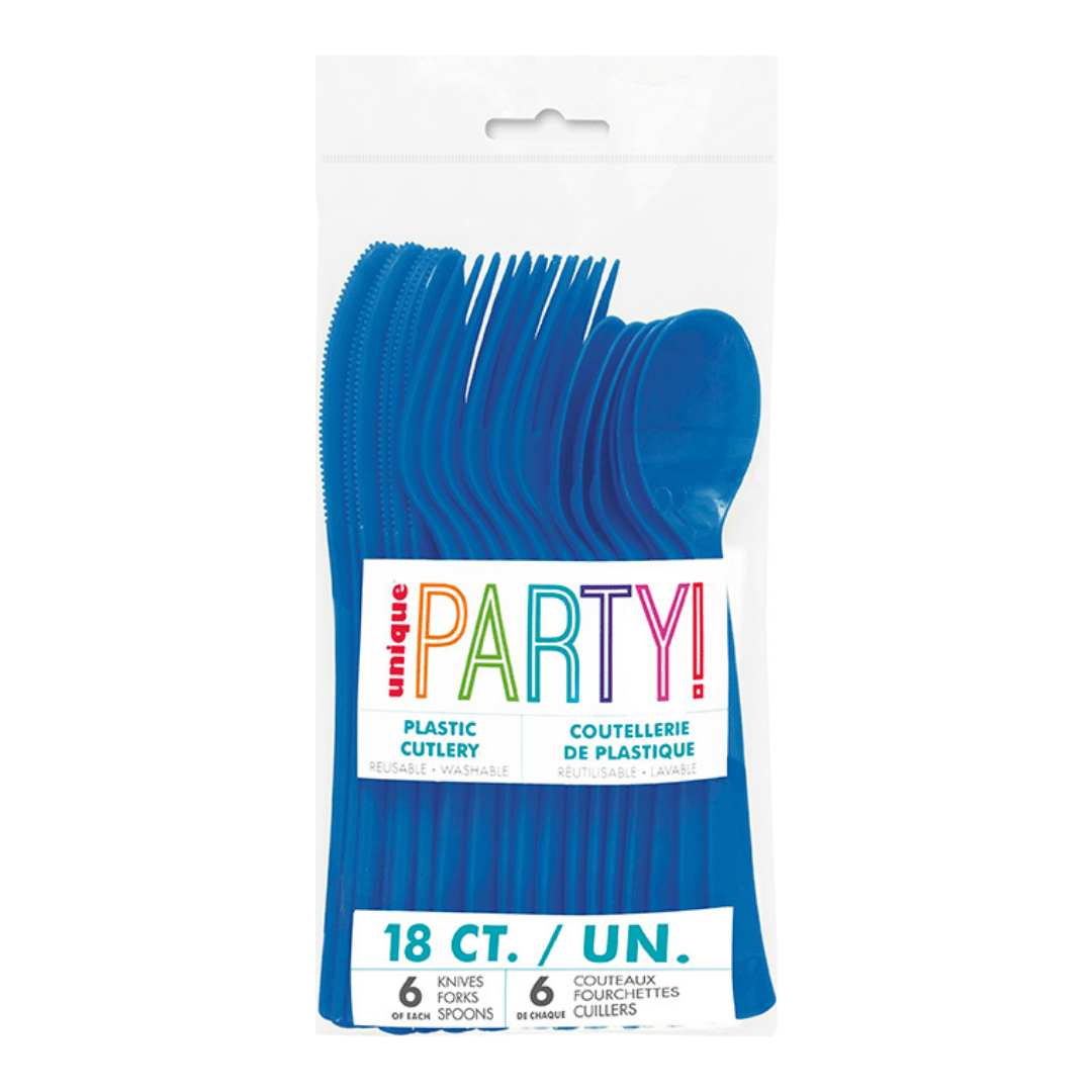 Blue plastic cutlery set with knives forks spoons birthday from Parte Haus party supply store in Bethesda Maryland