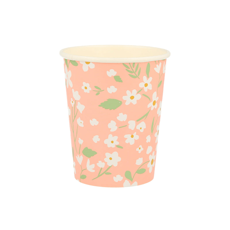 Peach floral paper cup with white flowers for spring event from Parte Haus party supply store in Bethesda MD