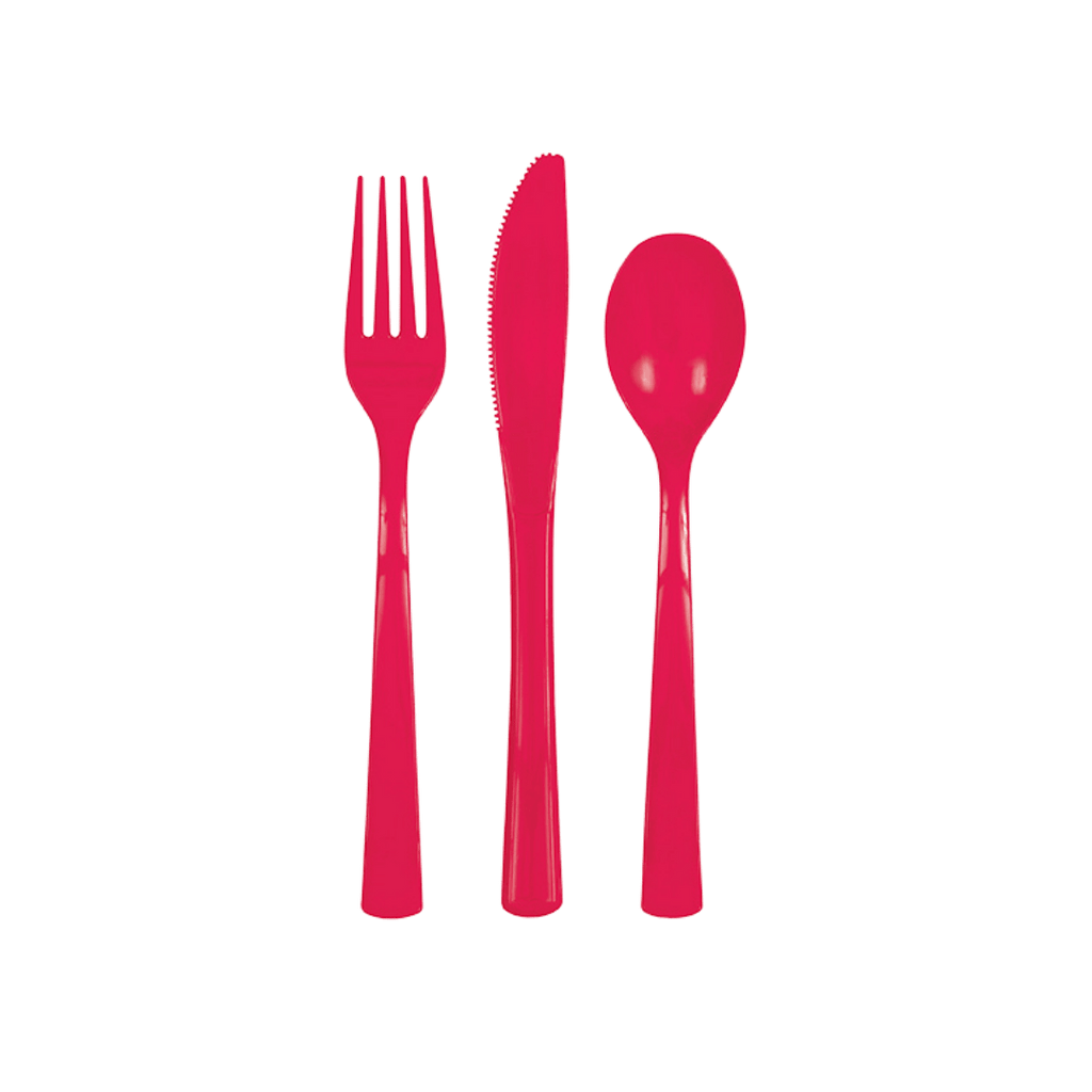 Red plastic cutlery set with fork knife and spoon for celebration from Parte Haus party supply store in Bethesda MD.