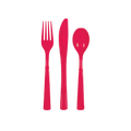 Red plastic cutlery set with fork knife and spoon for celebration from Parte Haus party supply store in Bethesda MD.