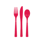 Red plastic cutlery set with fork knife and spoon for celebration from Parte Haus party supply store in Bethesda MD.