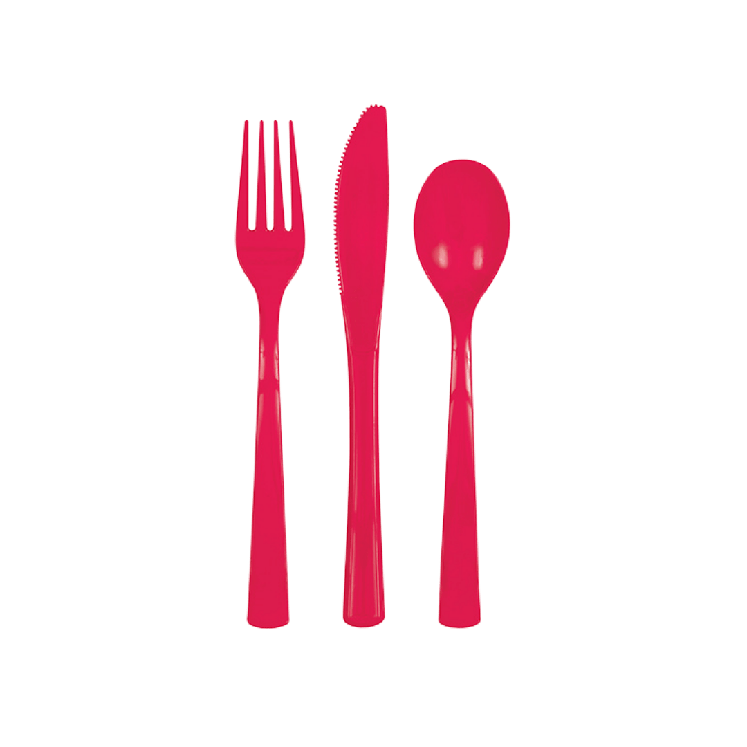 Red plastic cutlery set with fork knife and spoon for celebration from Parte Haus party supply store in Bethesda MD.