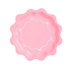 Pink scalloped paper plate with white bow design birthday theme from Parte Haus party supply store in Bethesda MD