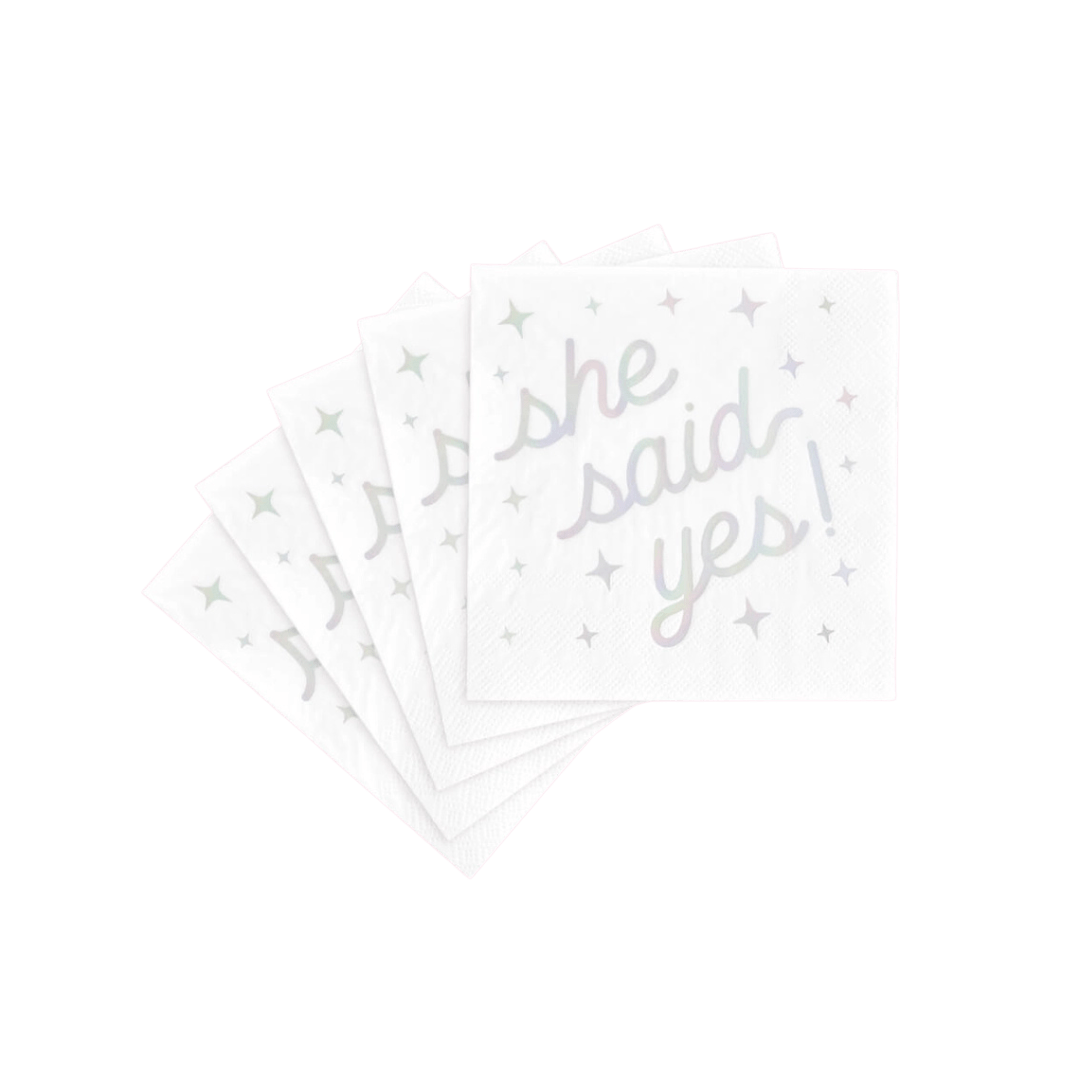 White engagement napkins with she said yes text and stars from Parte Haus party supply store in Bethesda MD