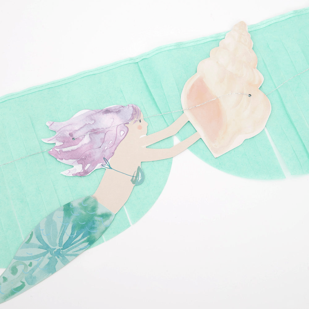 Mint green mermaid banner with pastel shell ocean theme decoration from Parte Haus party supply store in Bethesda MD