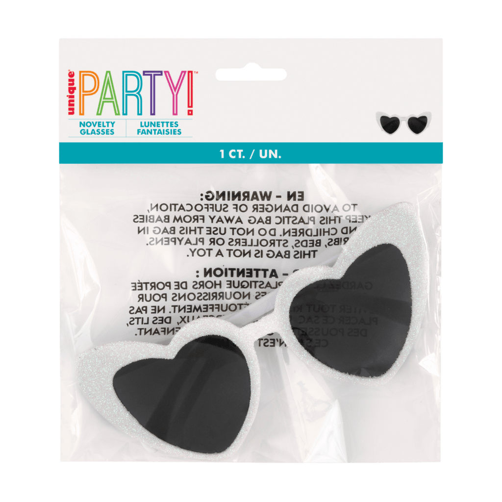 Silver heart novelty glasses with black lenses fun accessory from Parte Haus party supply store in Bethesda MD
