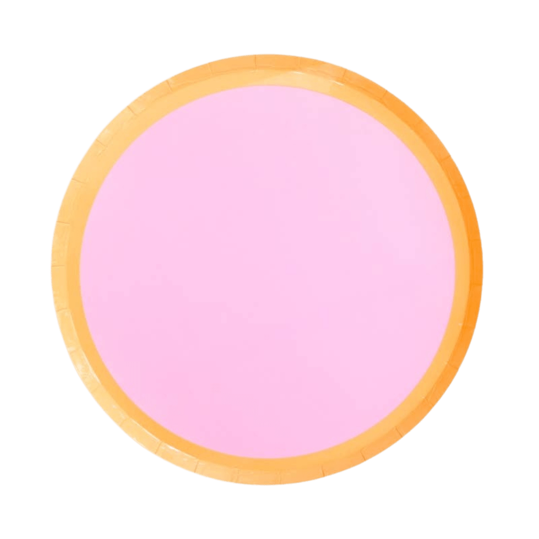 Pink and yellow round plate with simple border birthday from Parte Haus party supply store in Bethesda Maryland