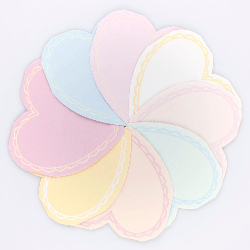 Pastel heart-shaped napkins with scalloped edges birthday or baby shower from Parte Haus party supply store in Bethesda Maryland