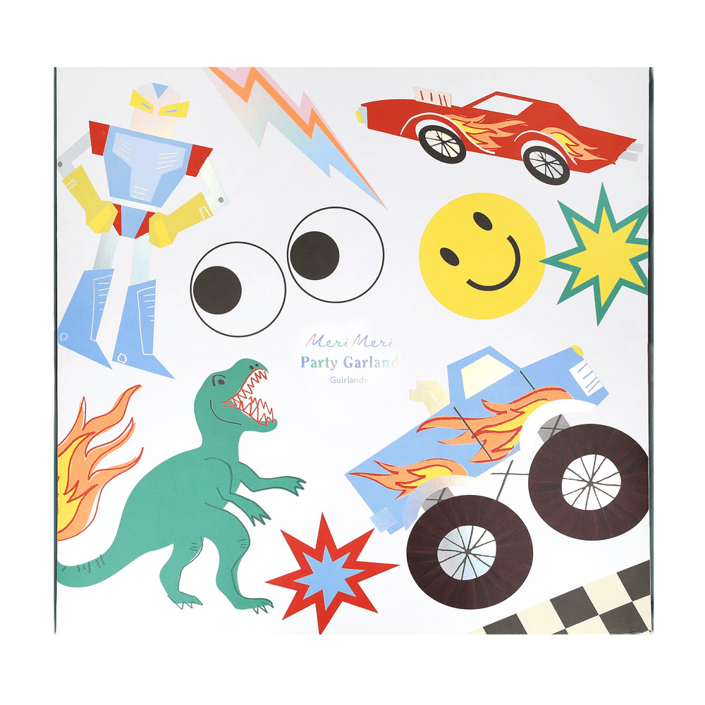 Multicolor garland with dinosaur robot monster truck and smiley shapes for kids birthday from Parte Haus party supply store in Bethesda Maryland