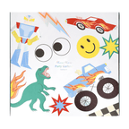 Multicolor garland with dinosaur robot monster truck and smiley shapes for kids birthday from Parte Haus party supply store in Bethesda Maryland