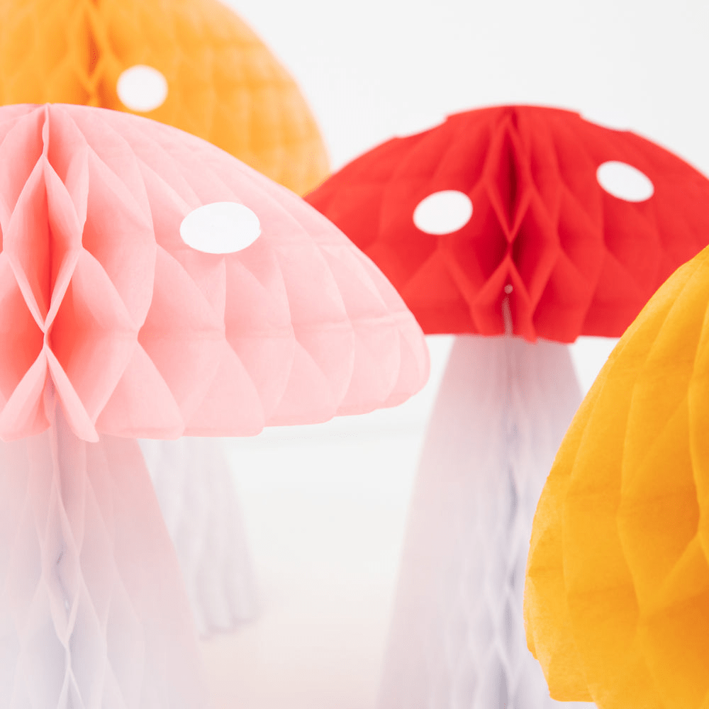 Pink yellow and red mushroom paper decorations whimsical theme from Parte Haus party supply store in Bethesda MD