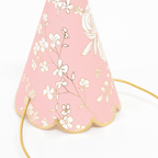 Pink floral party hat with gold trim for birthday celebration from Parte Haus party supply store in Bethesda MD