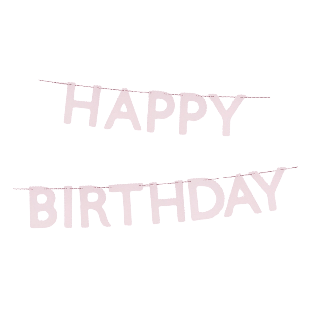 Pink happy birthday banner garland with block letters birthday theme from Parte Haus party supply store in Bethesda Maryland