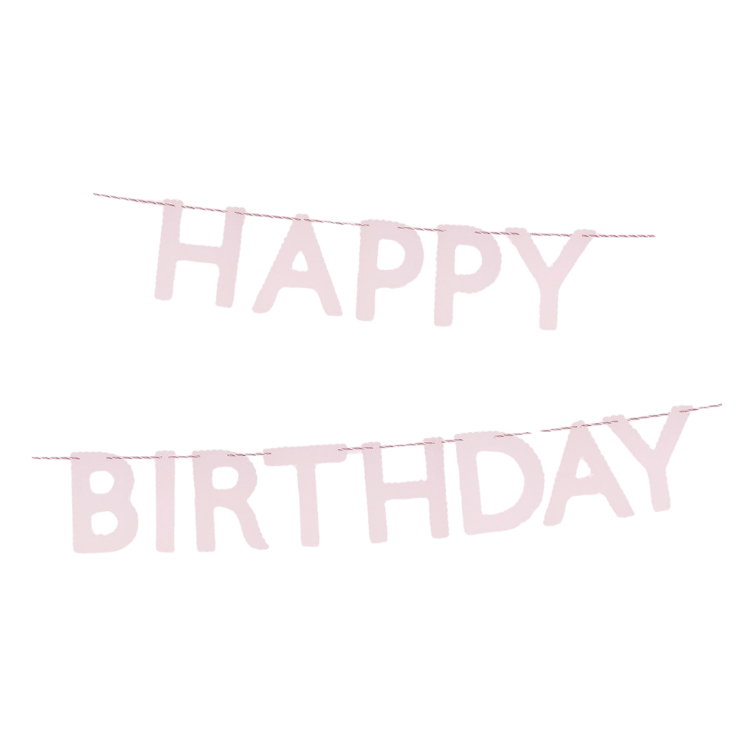 Pink happy birthday banner garland with block letters birthday theme from Parte Haus party supply store in Bethesda Maryland