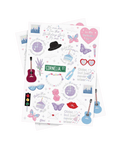 Colorful birthday themed sticker sheet with butterflies guitars hearts and disco balls from Parte Haus party supply store in Bethesda Maryland