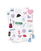 Colorful birthday themed sticker sheet with butterflies guitars hearts and disco balls from Parte Haus party supply store in Bethesda Maryland