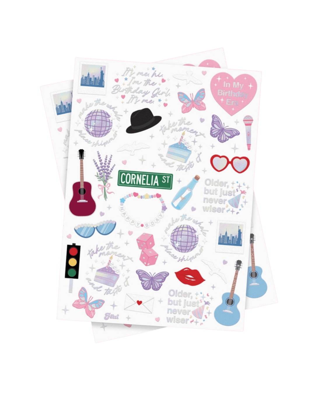 Colorful birthday themed sticker sheet with butterflies guitars hearts and disco balls from Parte Haus party supply store in Bethesda Maryland