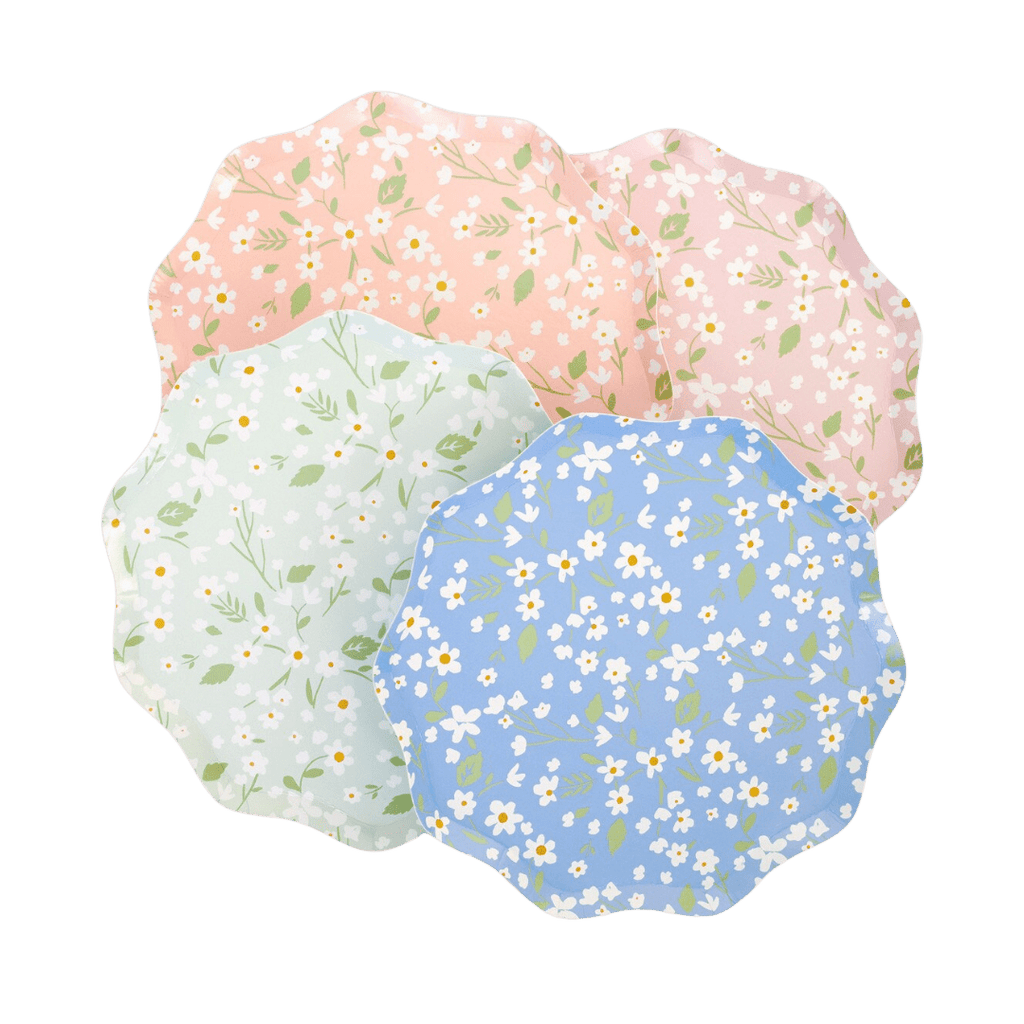 Blue pink and green floral scalloped edge plates Spring theme from Parte Haus party supply store in Bethesda Maryland