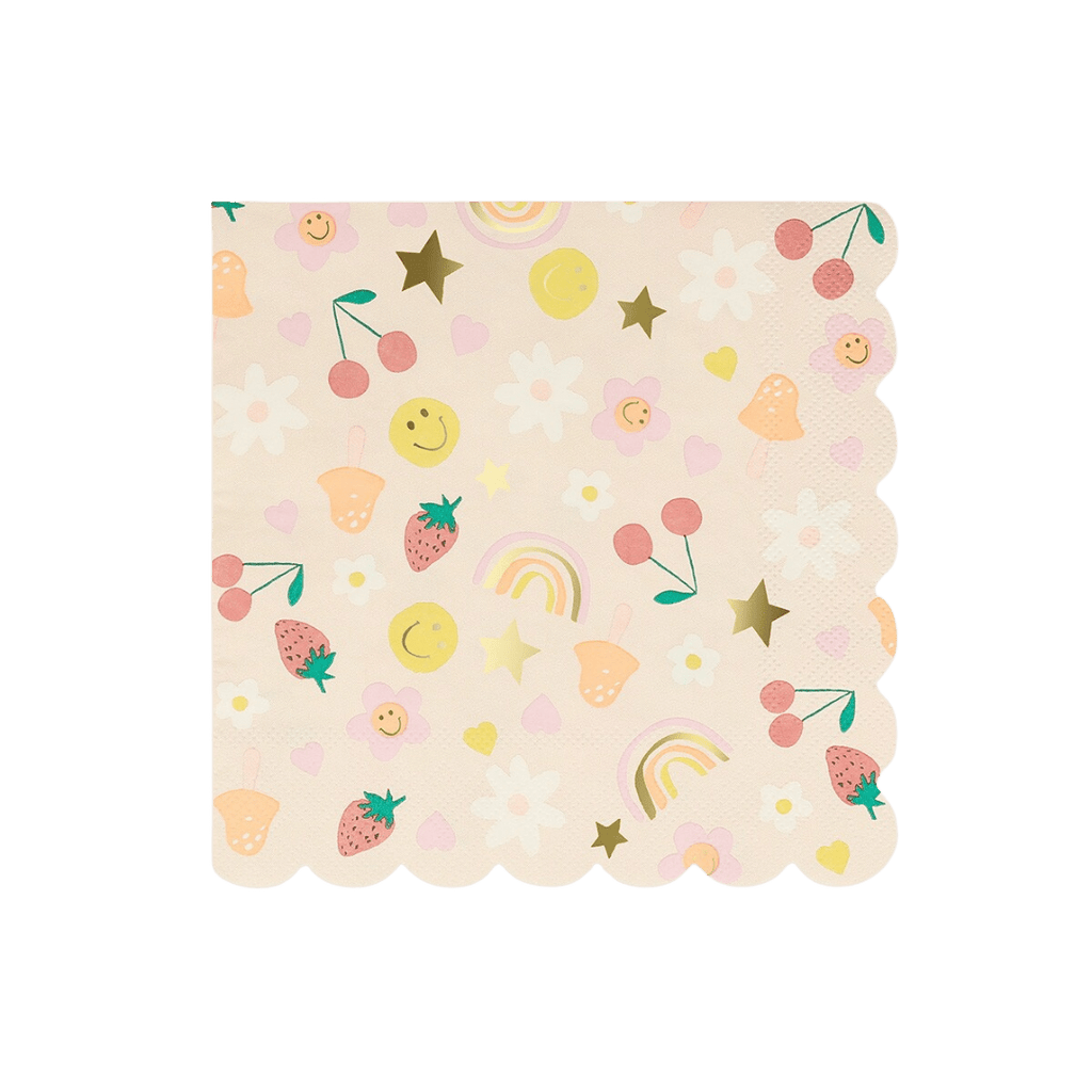 Pastel pink napkin with fruit stars and smiley faces for birthday theme from Parte Haus party supply store in Bethesda MD