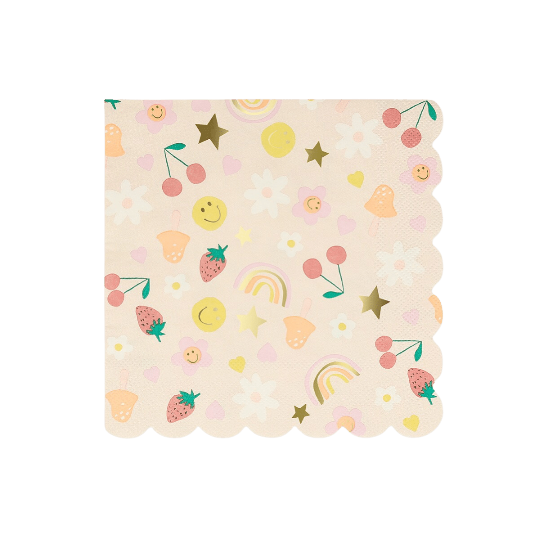 Pastel pink napkin with fruit stars and smiley faces for birthday theme from Parte Haus party supply store in Bethesda MD