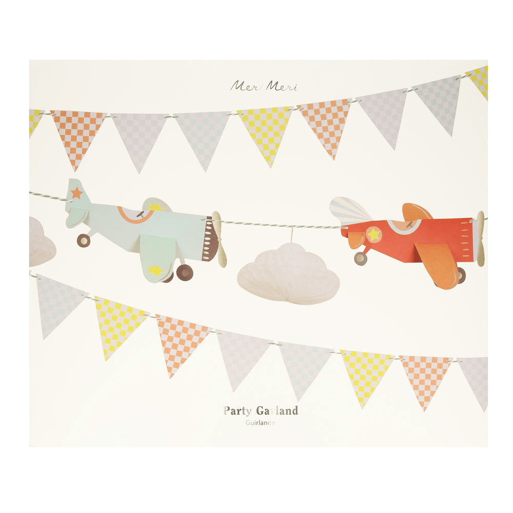 Multi color airplane garland with clouds and checkered flags for kids birthday from Parte Haus party supply store in Bethesda Maryland