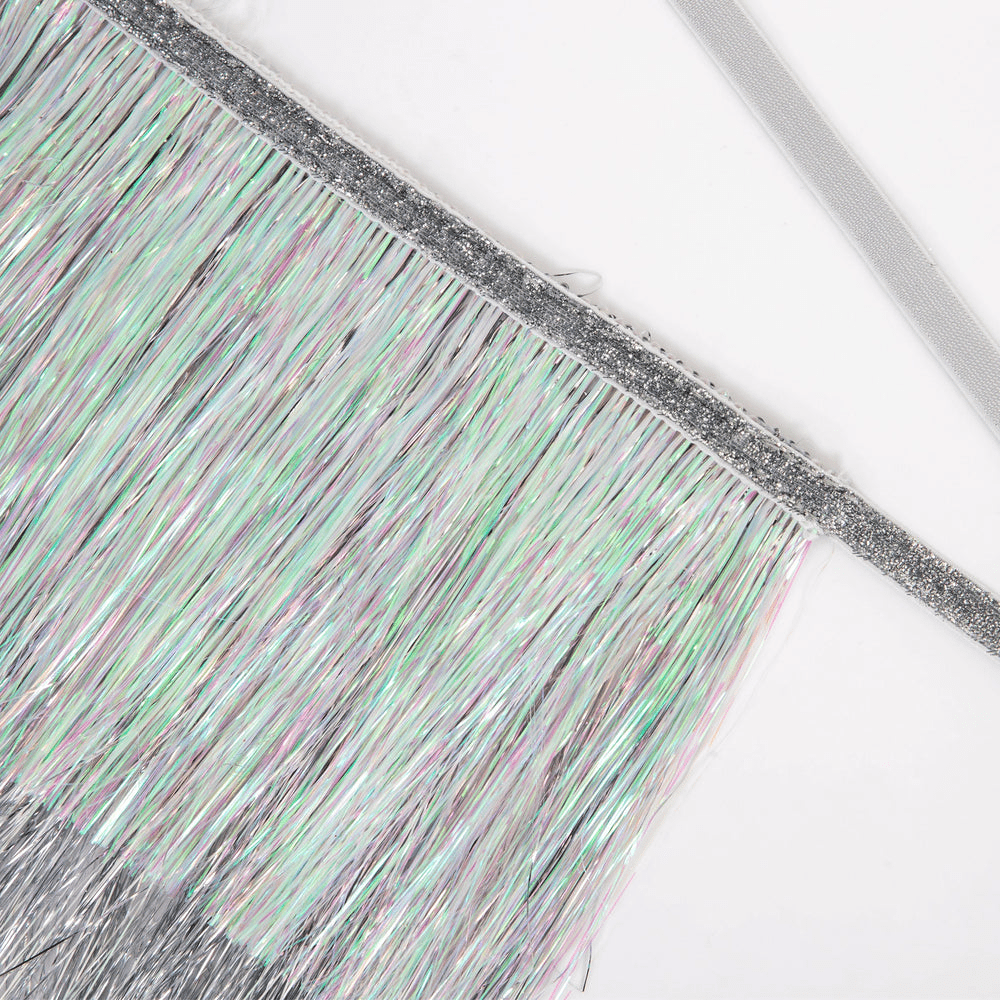 Silver iridescent fringe garland shimmering tinsel with glitter trim for birthday from Parte Haus party supply store in Bethesda Maryland