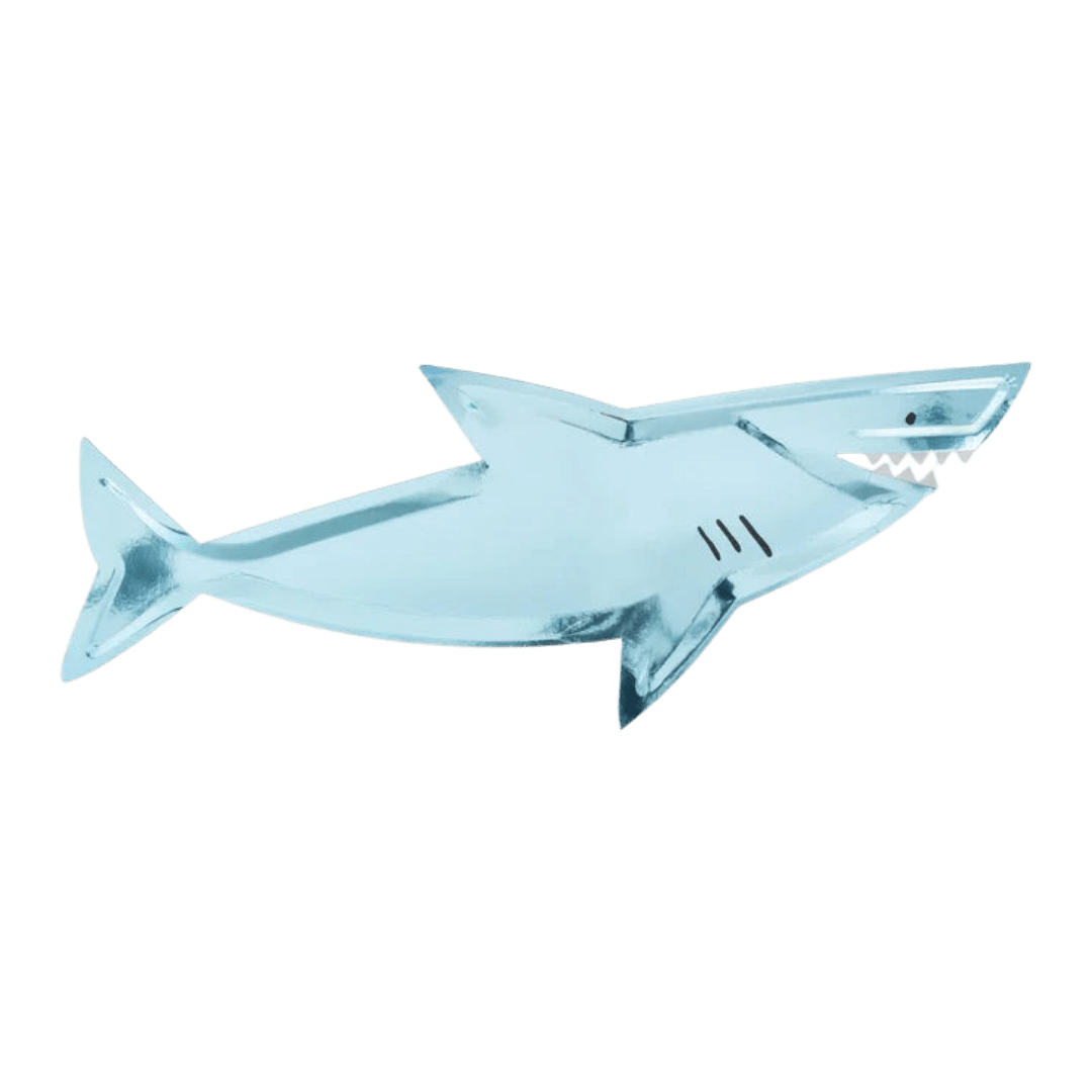 Blue shark shaped tray with fin details kids ocean birthday theme from Parte Haus party supply store in Bethesda MD.