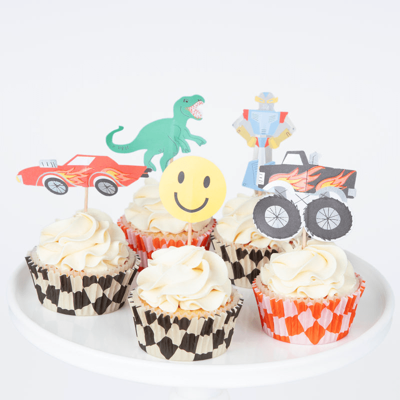 multicolor cupcake toppers with race car dinosaur robot smiley and monster truck for kids birthday from Parte Haus party supply store in Bethesda Maryland
