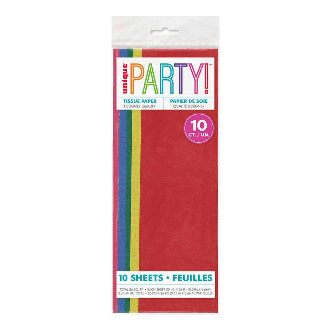 Red tissue paper pack with rainbow stripes for birthday celebrations from Parte Haus party supply store in Bethesda MD
