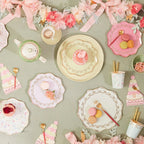 Pastel floral plates and cups with gold cutlery tea party table setting from Parte Haus party supply store in Bethesda Maryland