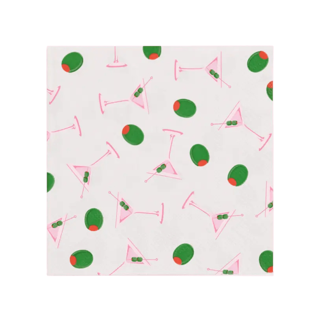 White cocktail napkin with green olive and pink martini glass print classic bar theme from Parte Haus party supply store in Bethesda Maryland