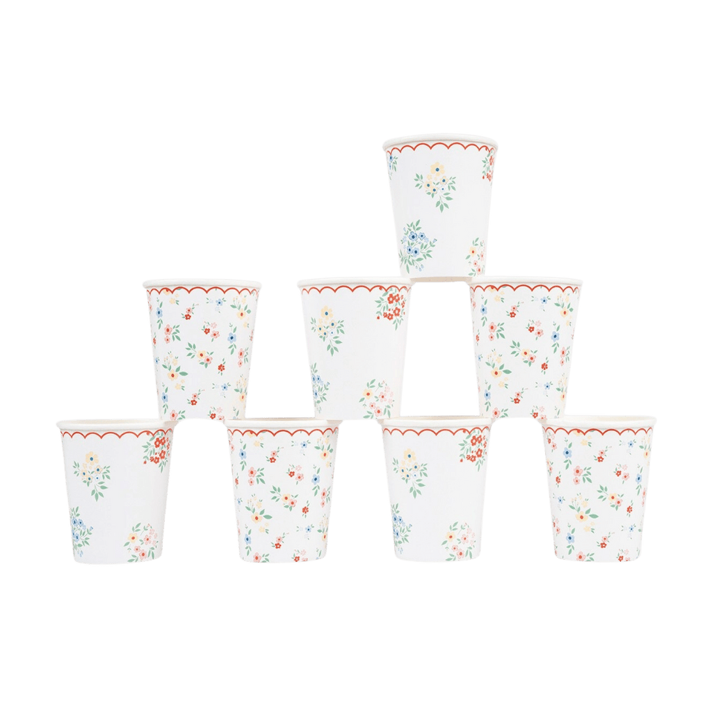 White floral paper cups with red scallop trim spring theme from Parte Haus party supply store in Bethesda MD