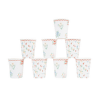 White floral paper cups with red scallop trim spring theme from Parte Haus party supply store in Bethesda MD