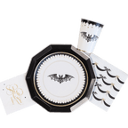 Black and white bat themed plates cups and napkins for Halloween from Parte Haus party supply store in Bethesda MD